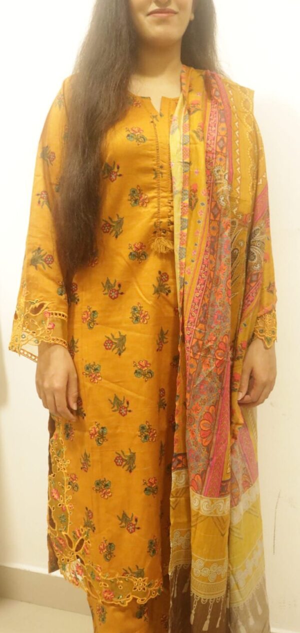 full length shot of brown colour sada bahar 3 pc suit